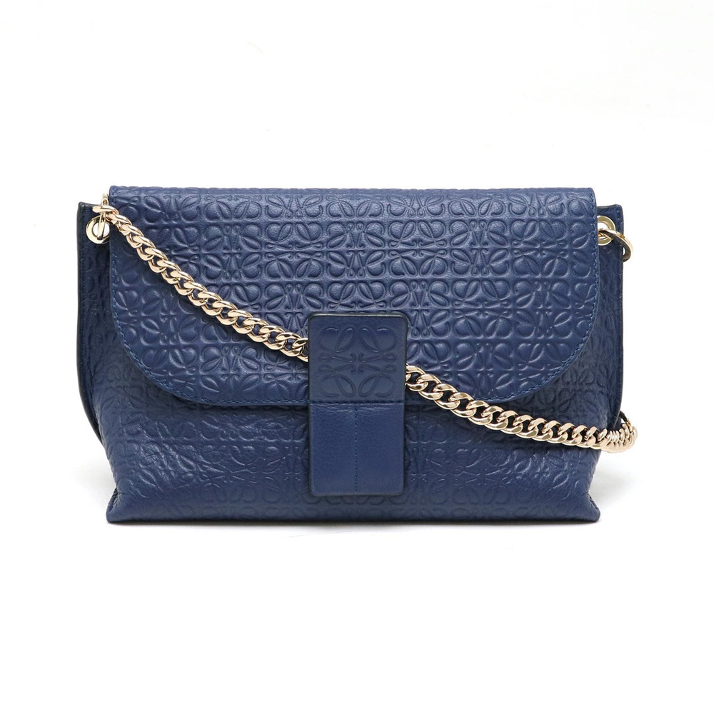 Loewe Anagram Avenue Shoulder Bag Chain Strap Crossbody Leather Navy Blue